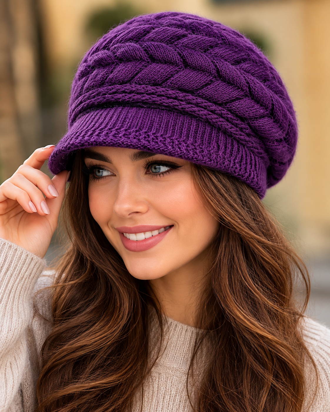 Ribbed Knit Beret Hat with Thermal Lining