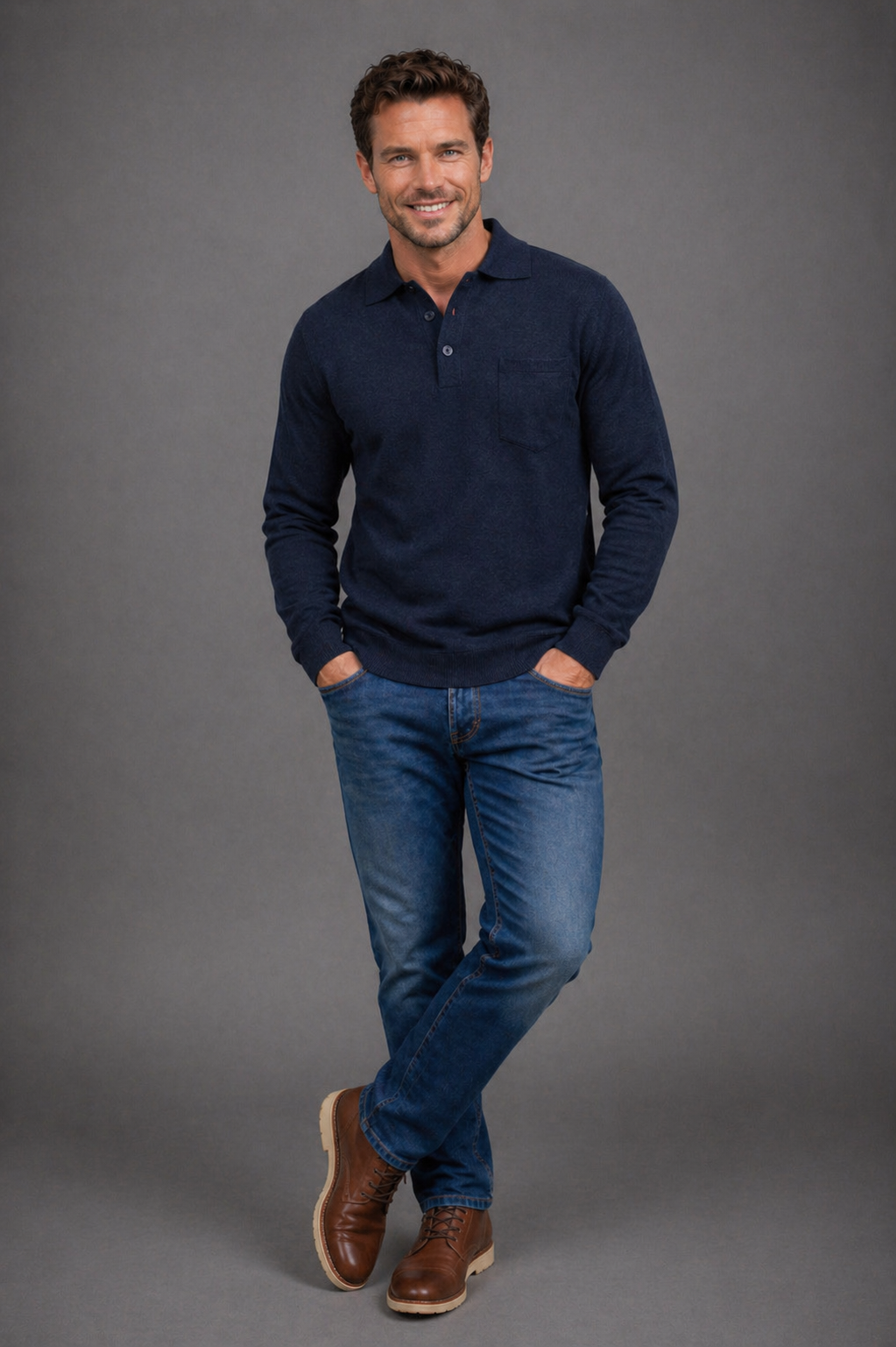 ANSETT Merino Wool Pullover with 3-Button Polo Collar and Front Pocket