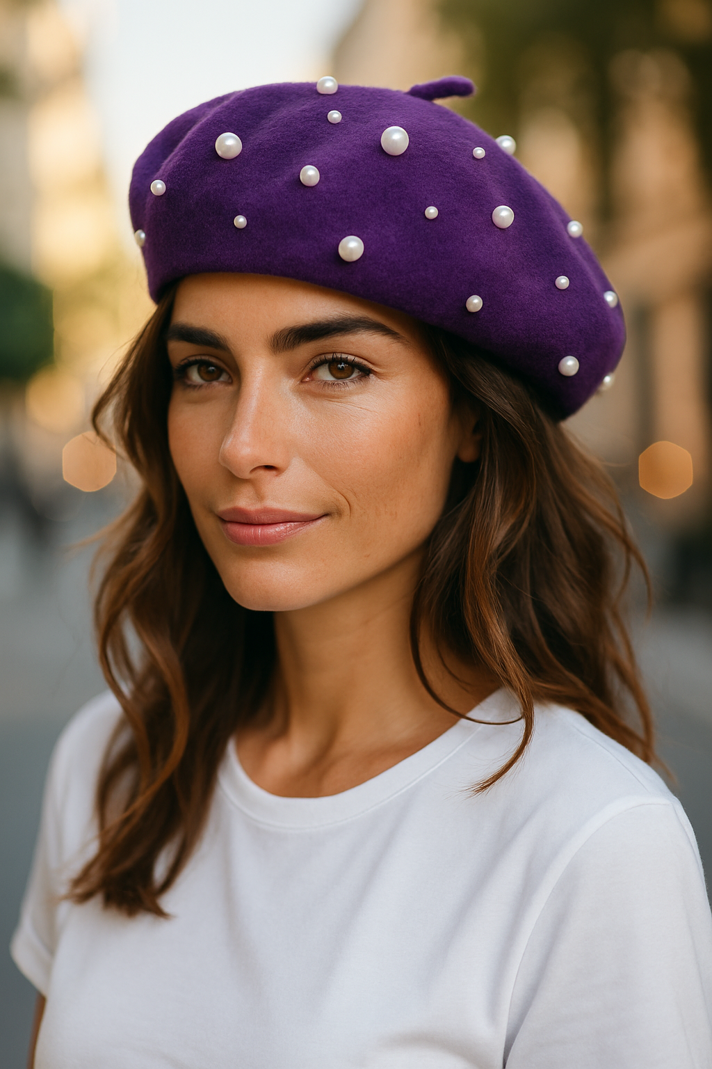 EXTRA FINE PURE WOOL BERET HAT WITH PEARLS
