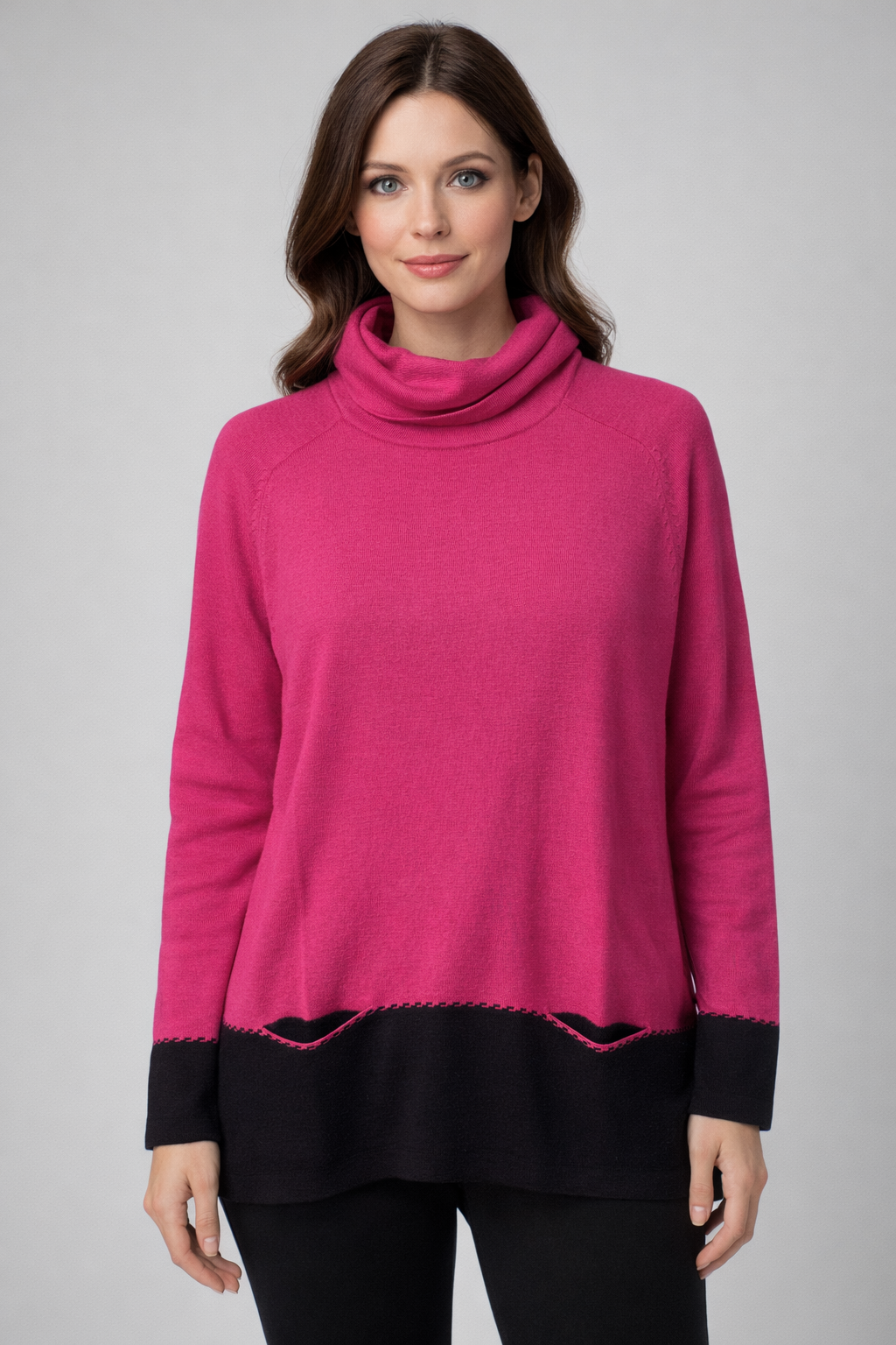 Two-Tone Cowl Neck Sweater With Pocket