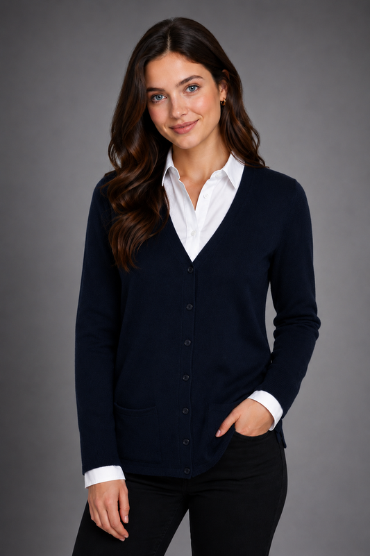 LADIES LONG SLEEVE V-NECK CARDIGAN WITH POCKETS