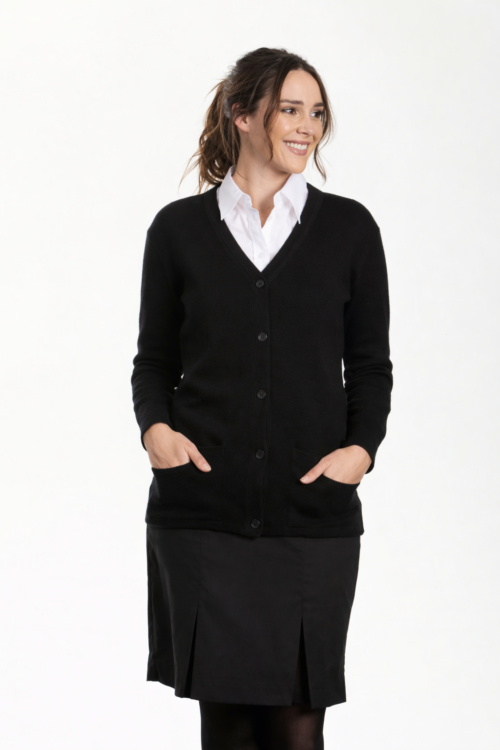 LADIES LONG SLEEVE V-NECK CARDIGAN WITH POCKETS