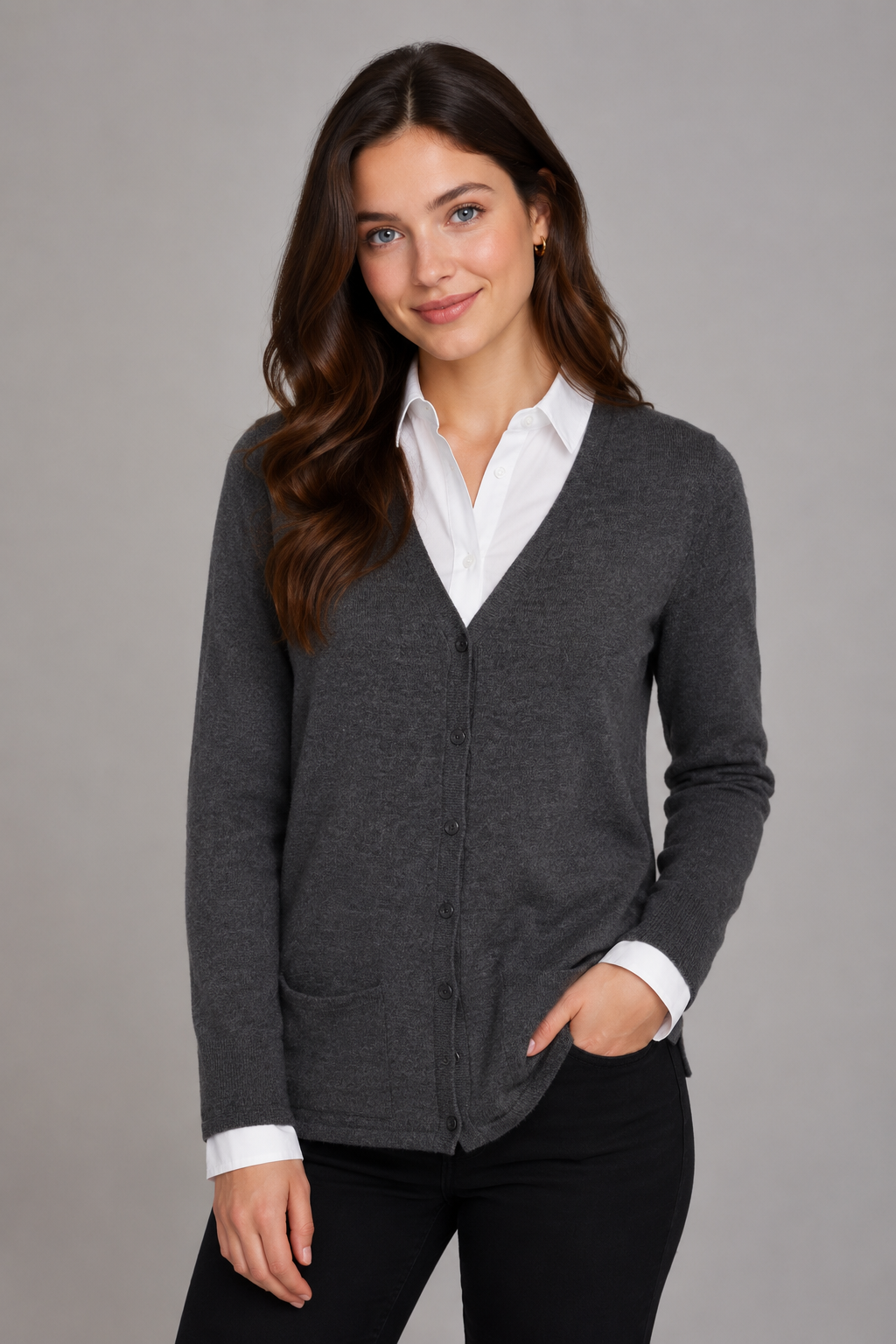 LADIES LONG SLEEVE V-NECK CARDIGAN WITH POCKETS