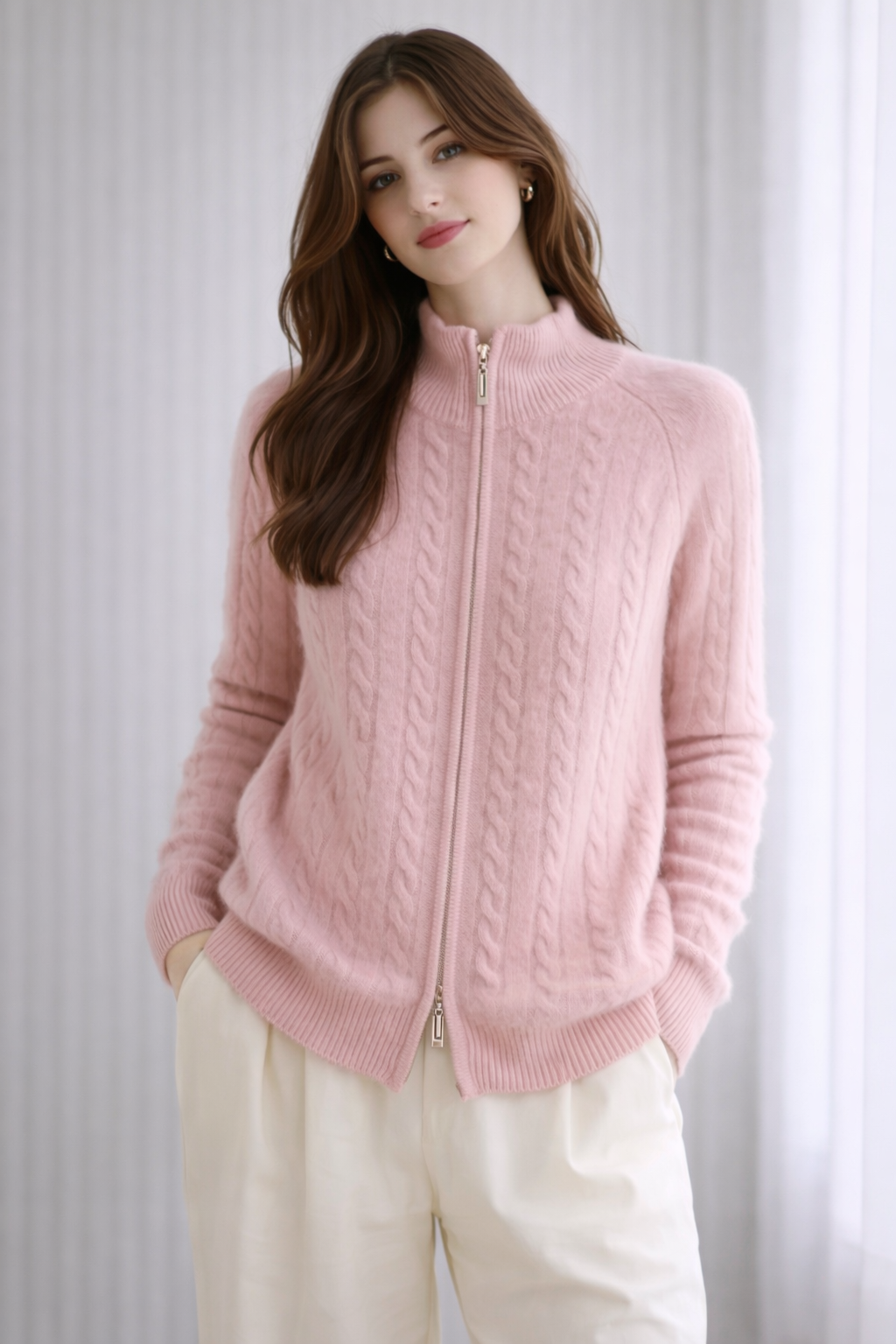 Two-Way Zip Up Cabled Cardigan