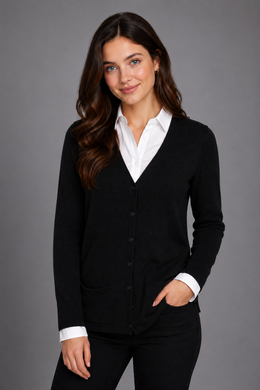 LADIES LONG SLEEVE V-NECK CARDIGAN WITH POCKETS