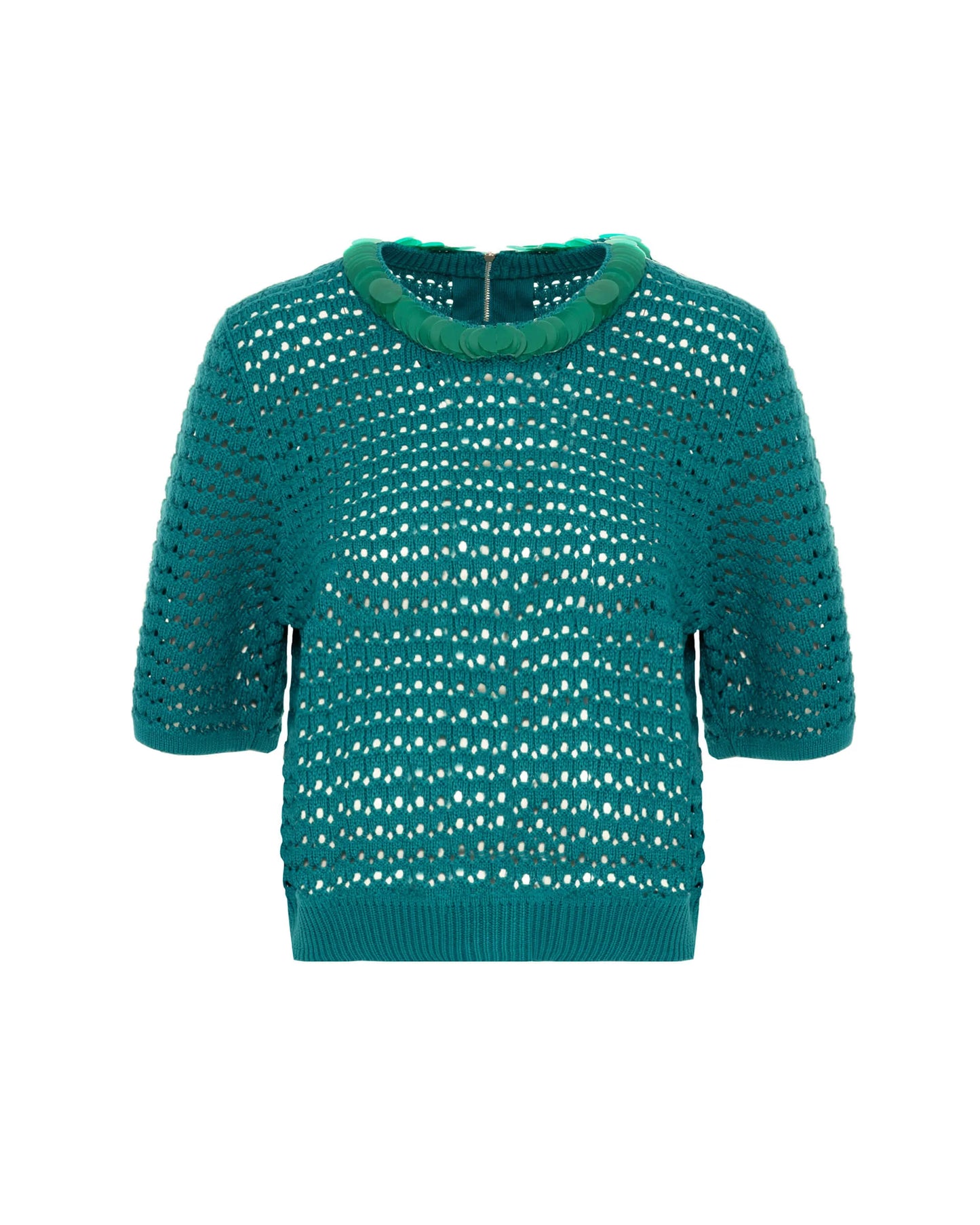PERFORATED KNIT T-SHIRT WITH MACRO SEQUIN COLLAR
