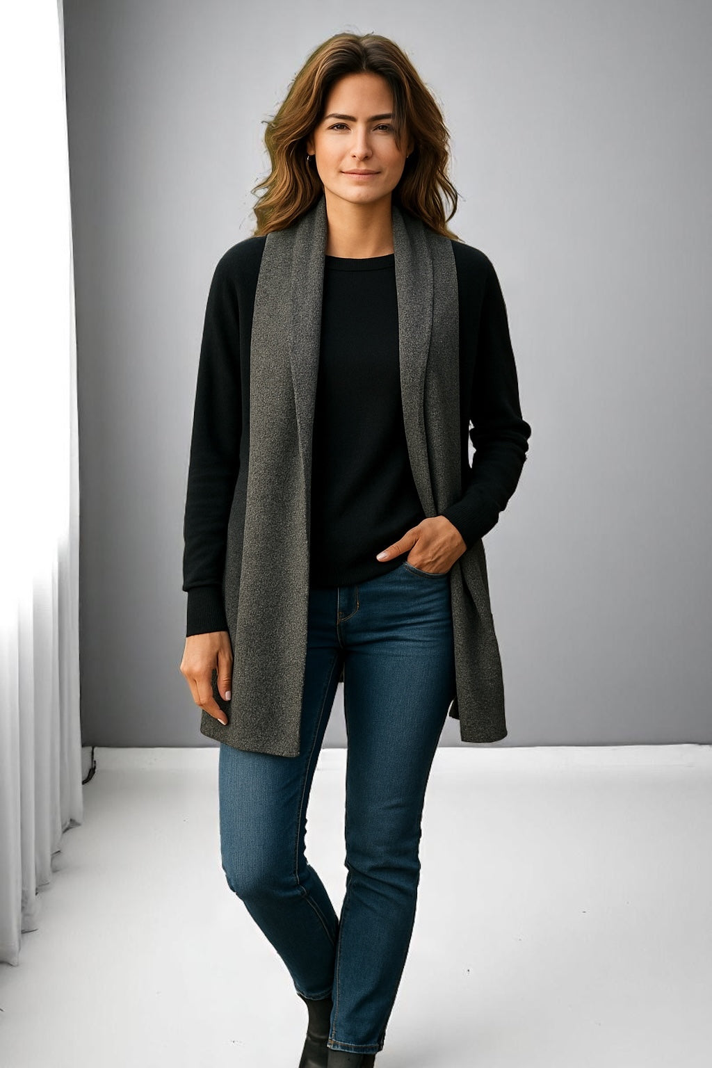 Ribbed Front Wool Blend Open Vest