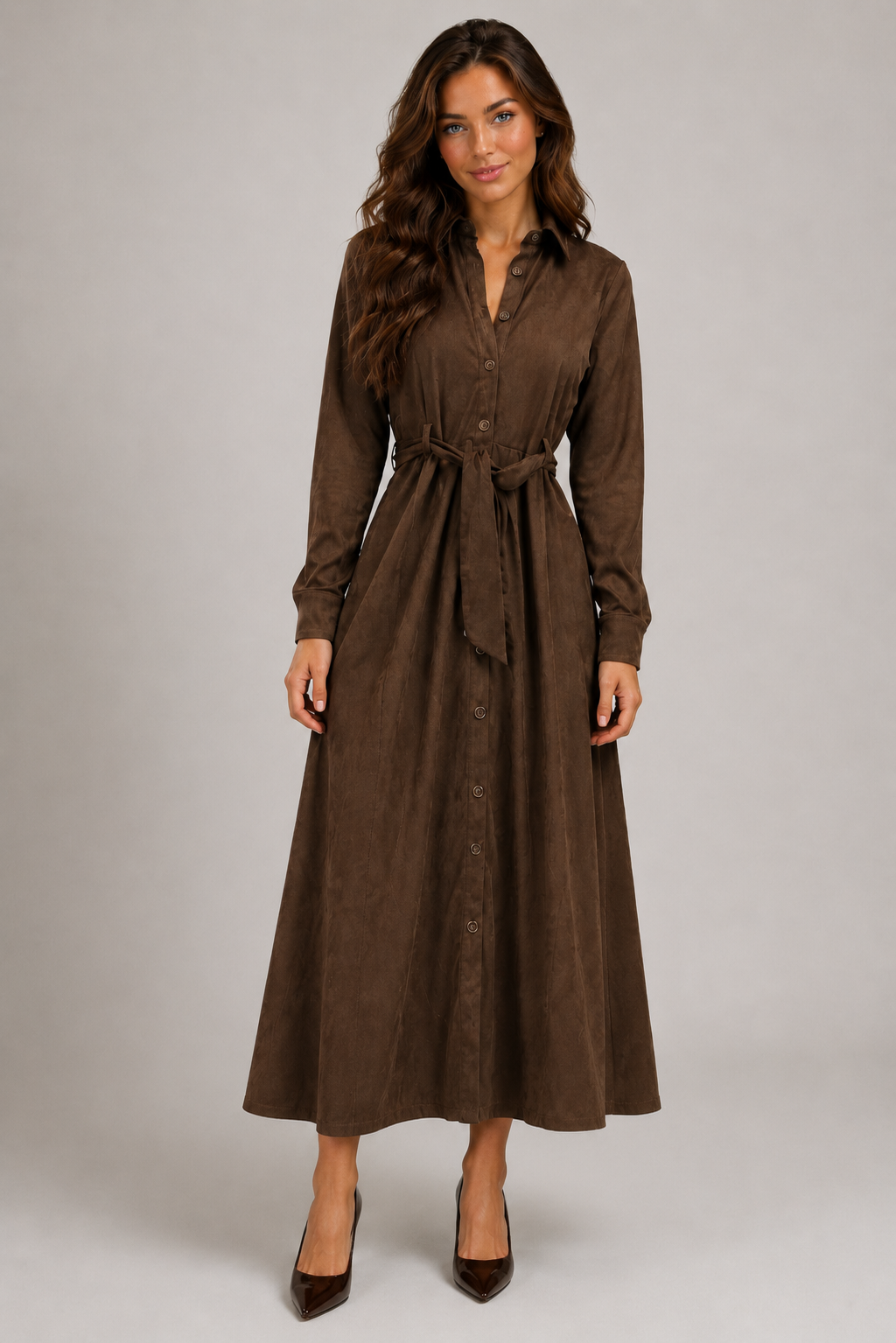 LOUIZON LONG SLEEVE BUTTON UP BELTED DRESS