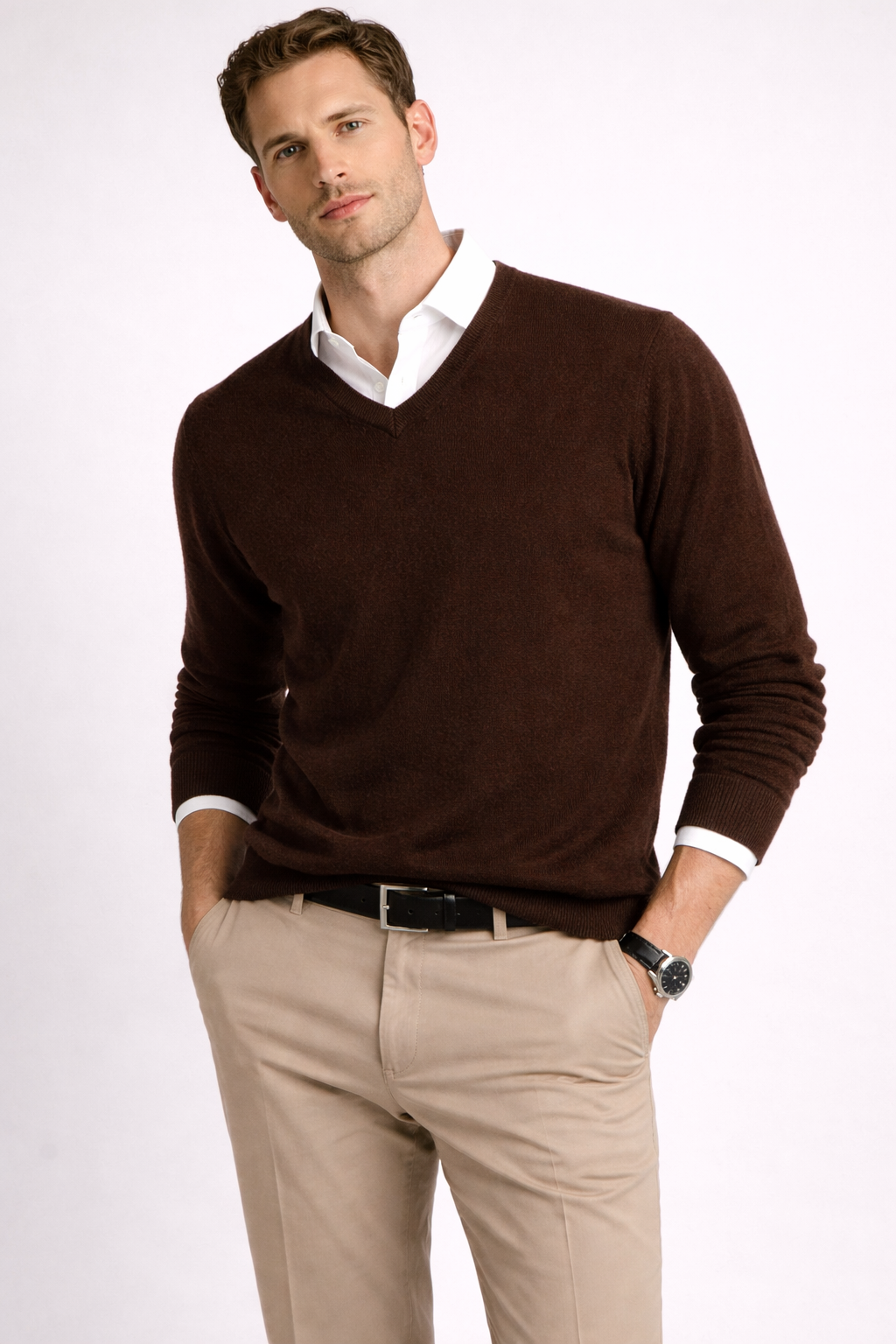 Men 100% Cashmere Vee Neck Pullover