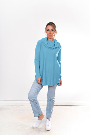 ESSENTIAL CURVED HEM COWL NECK PULLOVER