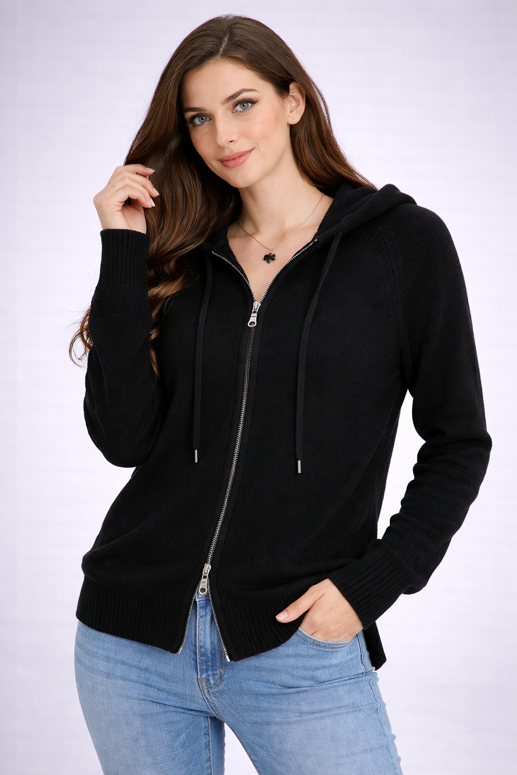 PURE CASHMERE TWO WAY FULL ZIP HOODIE NO POCKETS