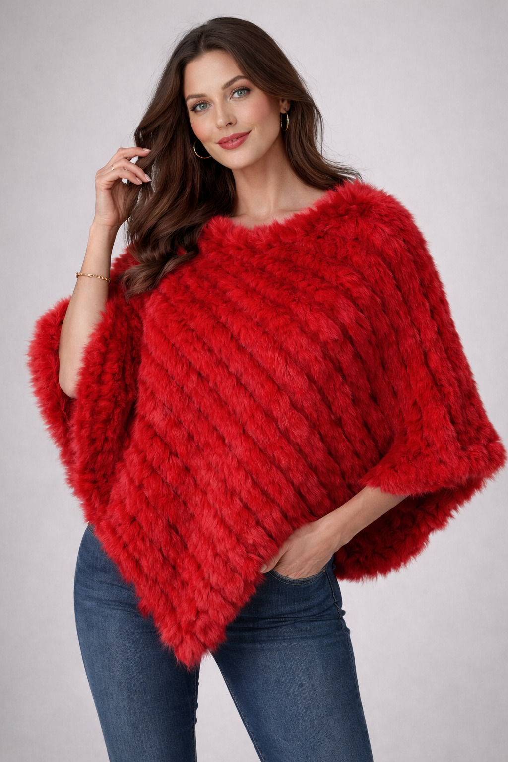 Luxurious Angora Knitted Natural Fur Poncho
