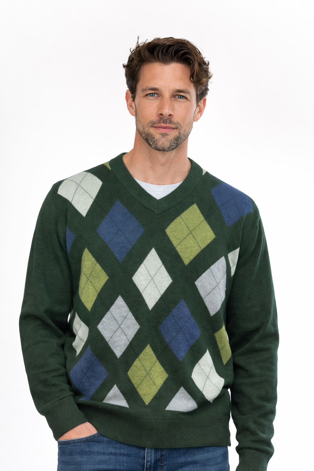V- neck Argyle Cashmere / Merino