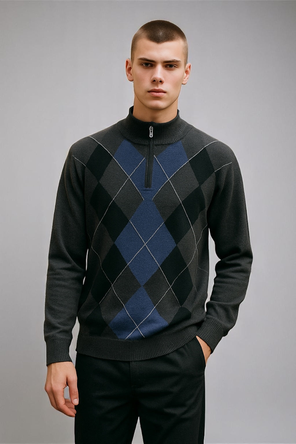 ARGYLE 1/4 ZIP PULLOVER CASHMERE MERINO SIZE L ONLY