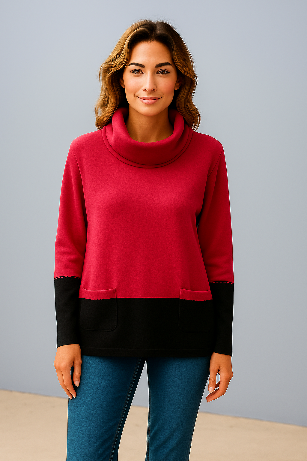 Two-Tone Cowl Neck Sweater With Pocket