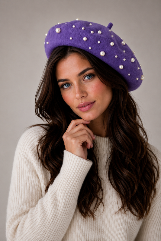 EXTRA FINE PURE WOOL BERET HAT WITH PEARLS