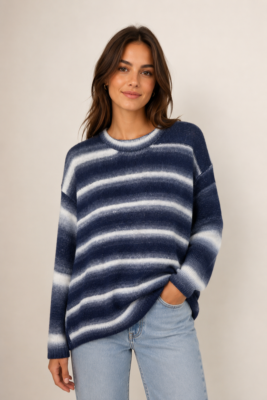 Fields Two Tone pullover Stripes Long At the back With a Split, knitwear at Knit-On Australia