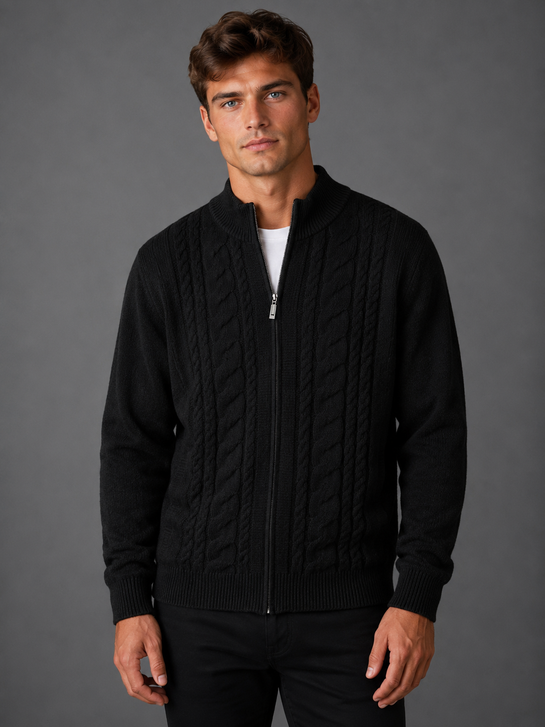 100% CASHMERE FULL ZIP CABLE CARDIGAN