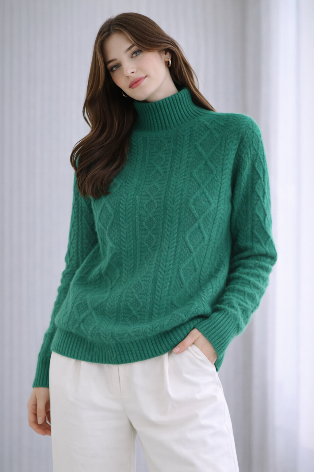 Pure Merino Wool Cabled Mock Neck