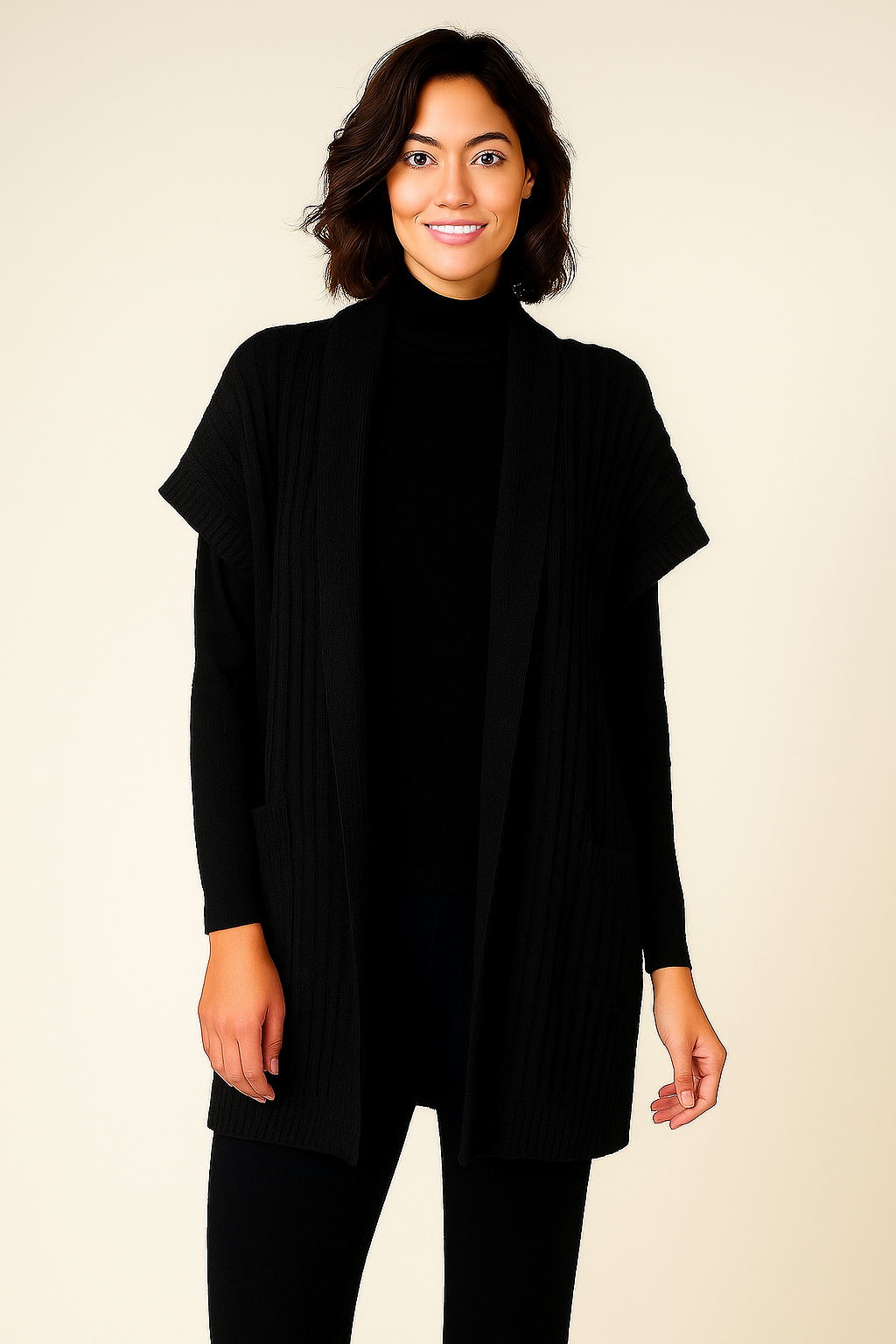 FIELDS SHORT SLEEVE RIBBED OPEN CARDIGAN WITH SIDE POCKETS
