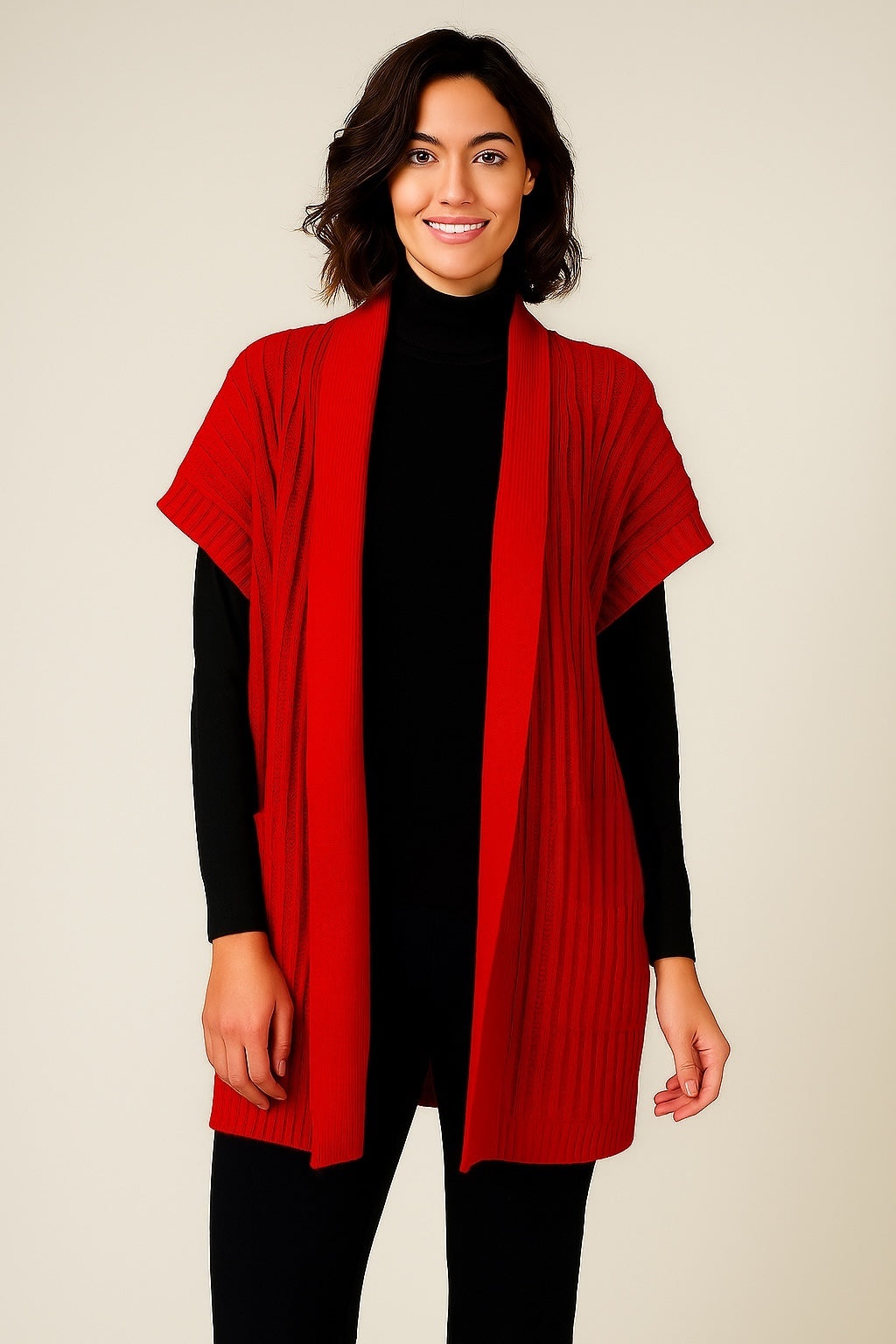 FIELDS SHORT SLEEVE RIBBED OPEN CARDIGAN WITH SIDE POCKETS