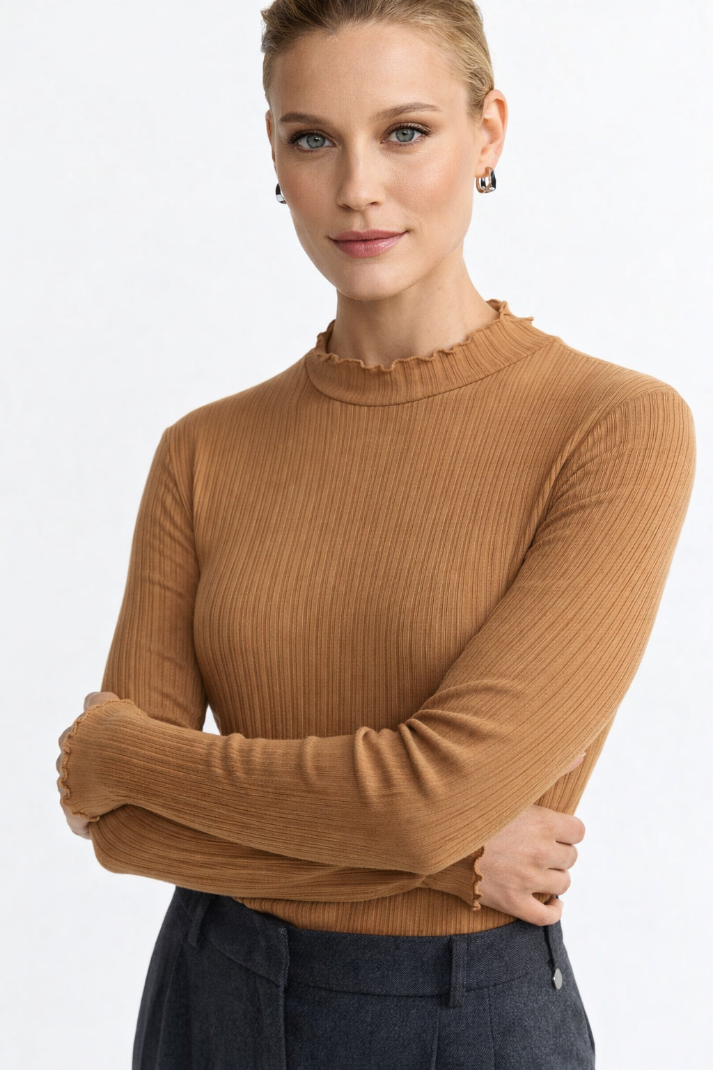 RICH & ROYAL RIBBED RUFFLED NECK LONG SLEEVE MADE IN PORTUGAL