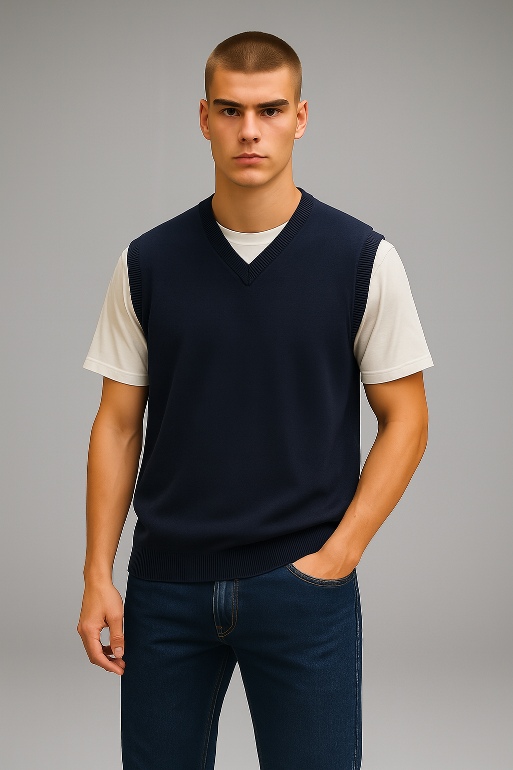 Pure Merino Wool Sleeveless Vest – Rib Basque Design