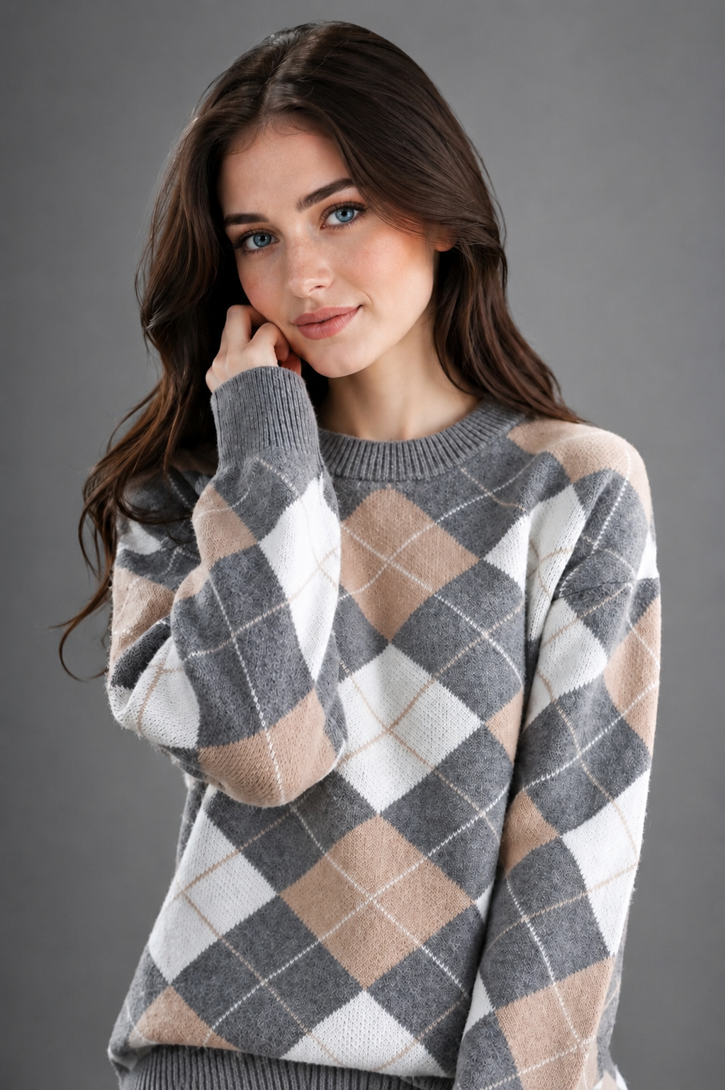 100% MERINO WOOL ARGYLE SWEATER CREW NECK