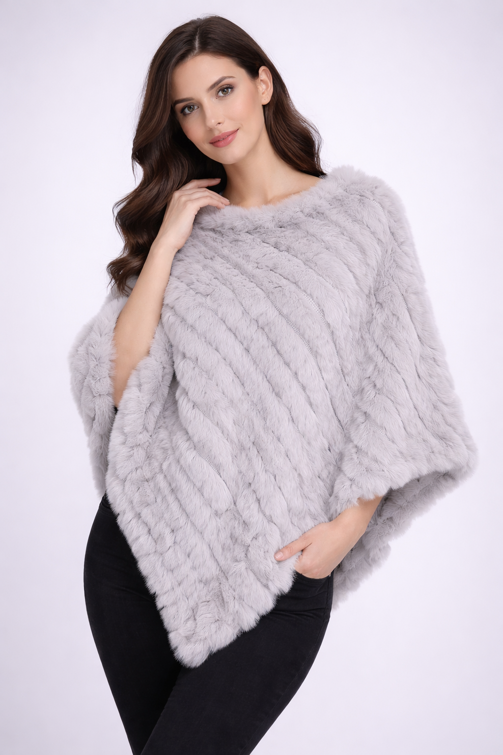 Elegant Angora Knit Fur Shawl Poncho