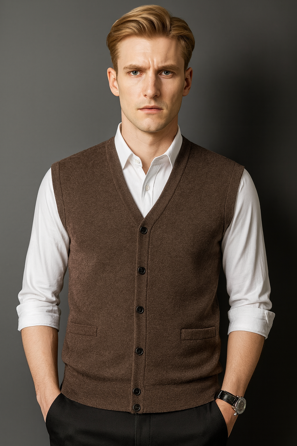 Pure wool Cardigan Vest With Pockets