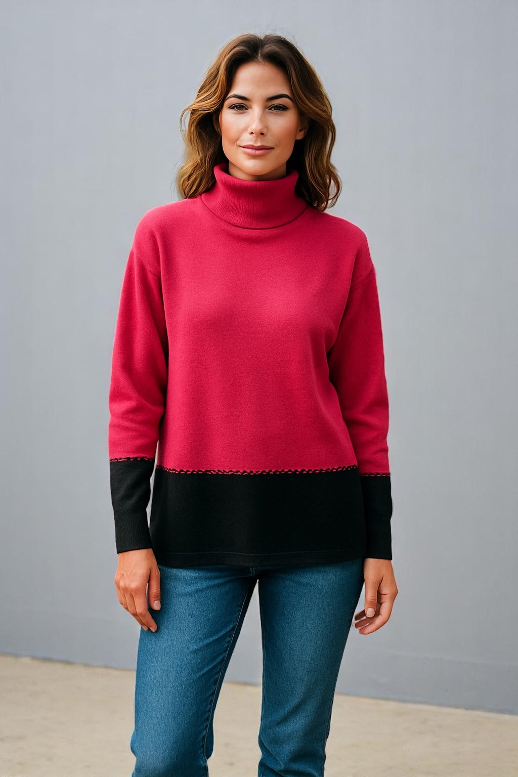 Two-Tone Roll Neck Sweater with Pocket
