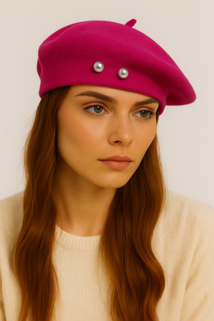 EXTRA FINE PURE WOOL BERET HAT WITH PEARLS