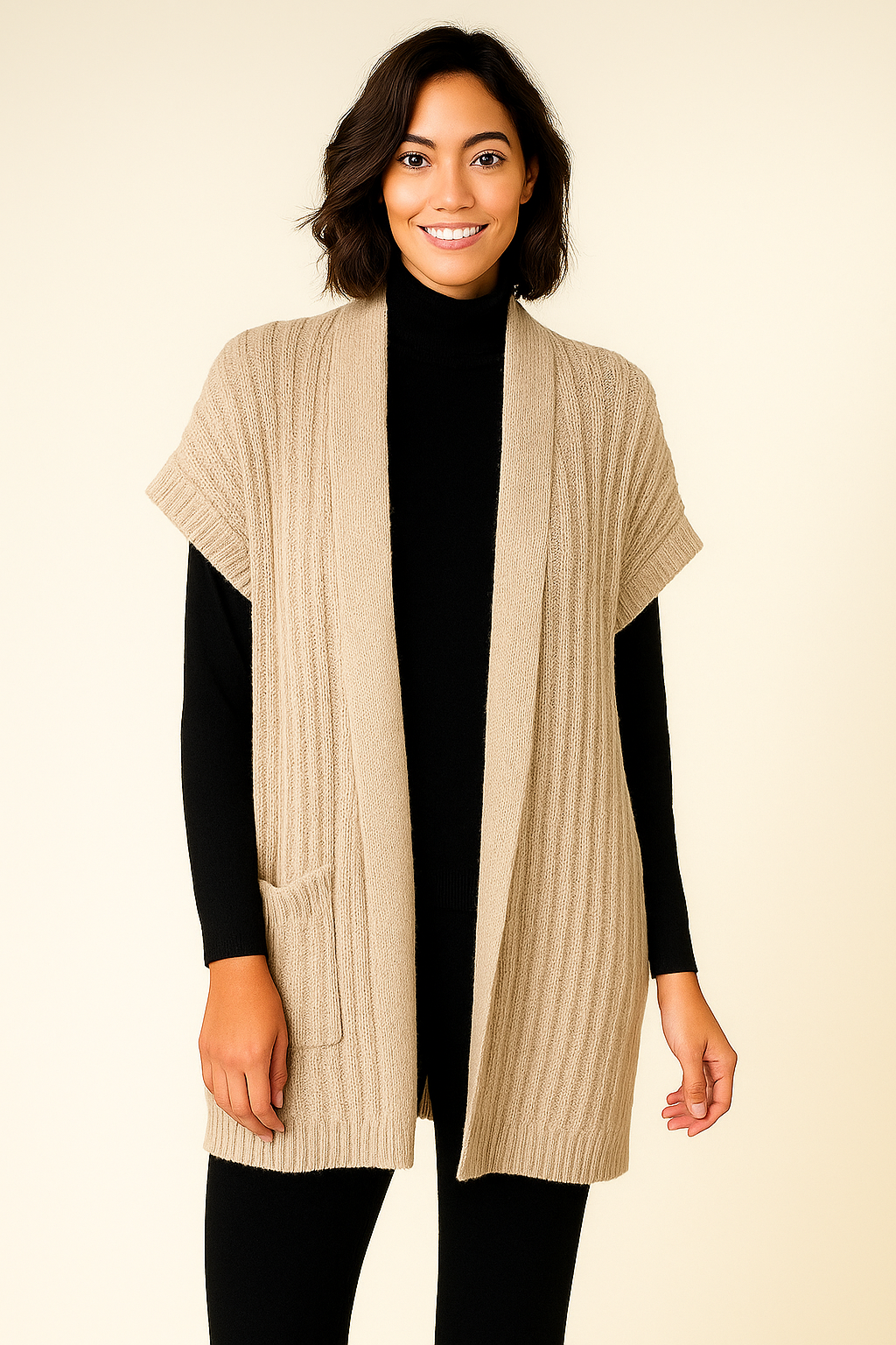 FIELDS SHORT SLEEVE RIBBED OPEN CARDIGAN WITH SIDE POCKETS