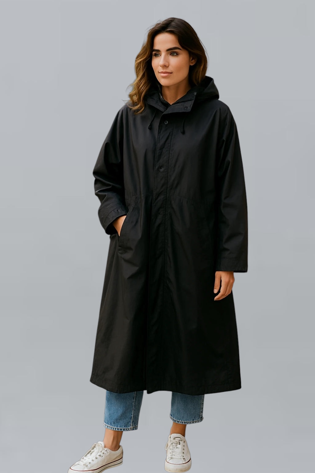 Long Rain coat with hood and pockets