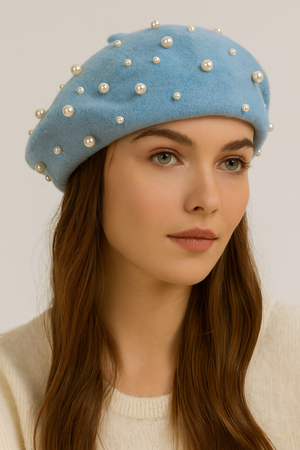 EXTRA FINE PURE WOOL BERET HAT WITH PEARLS
