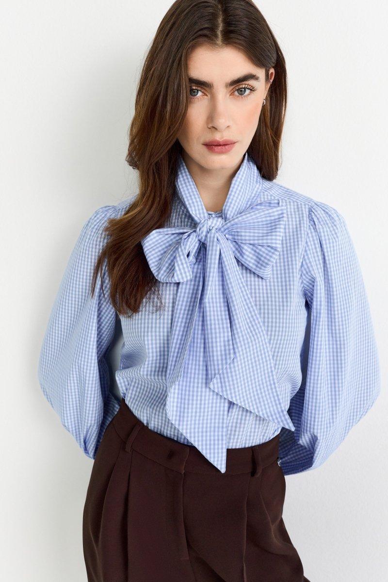 RICH & ROYAL CHECKERED BLOUSE WITH BOW COLLAR
