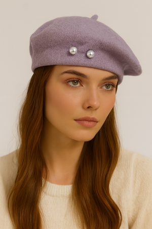 EXTRA FINE PURE WOOL BERET HAT WITH PEARLS