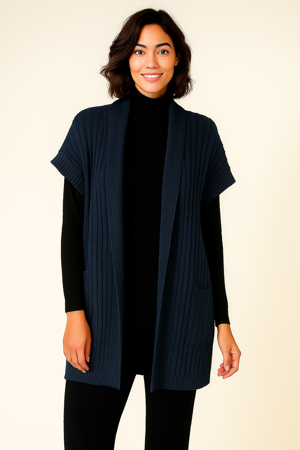 FIELDS SHORT SLEEVE RIBBED OPEN CARDIGAN WITH SIDE POCKETS