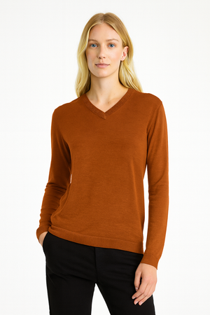PURE MERINO WOOL FINE KNIT VEE PULLOVER