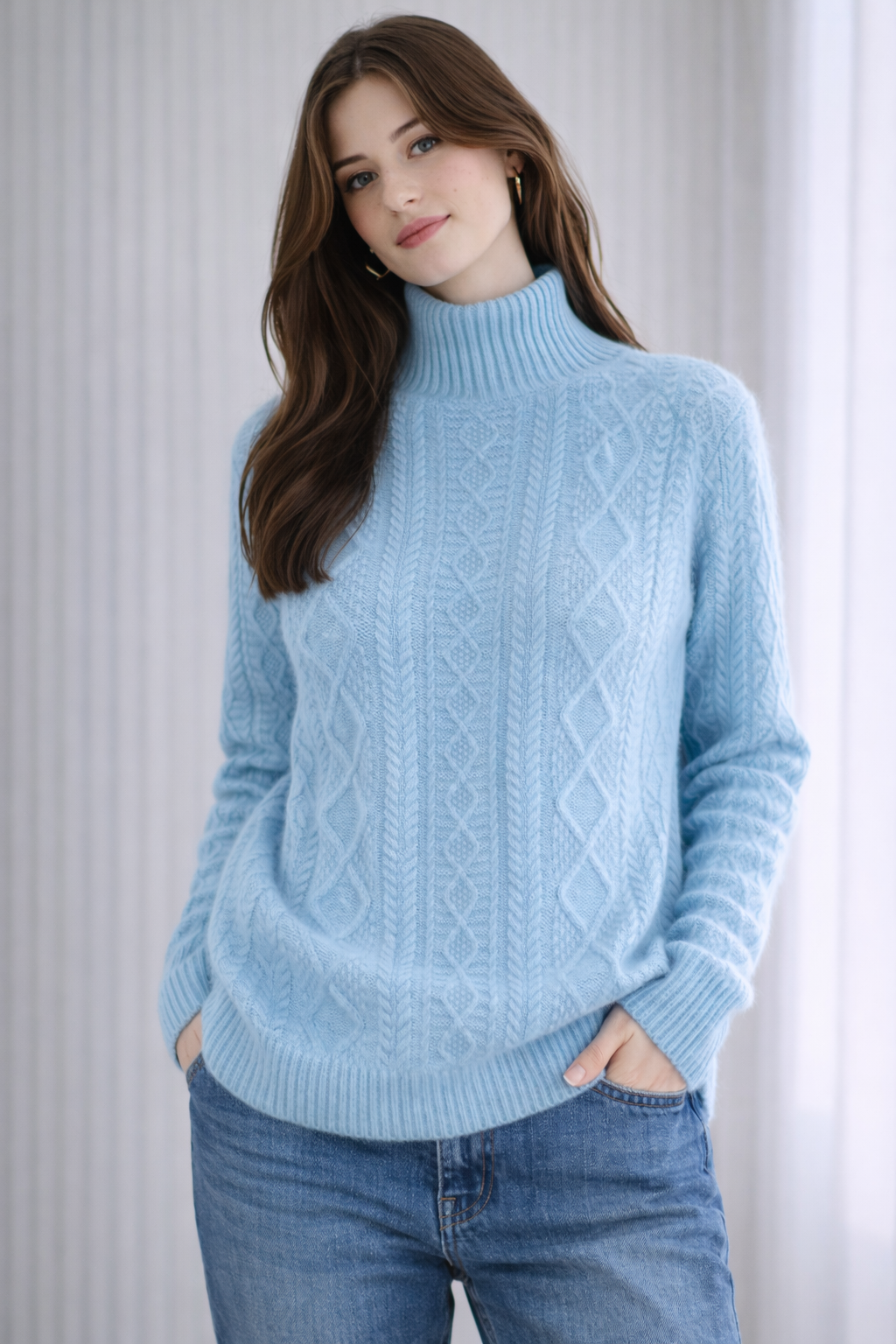 Pure Merino Wool Cabled Mock Neck