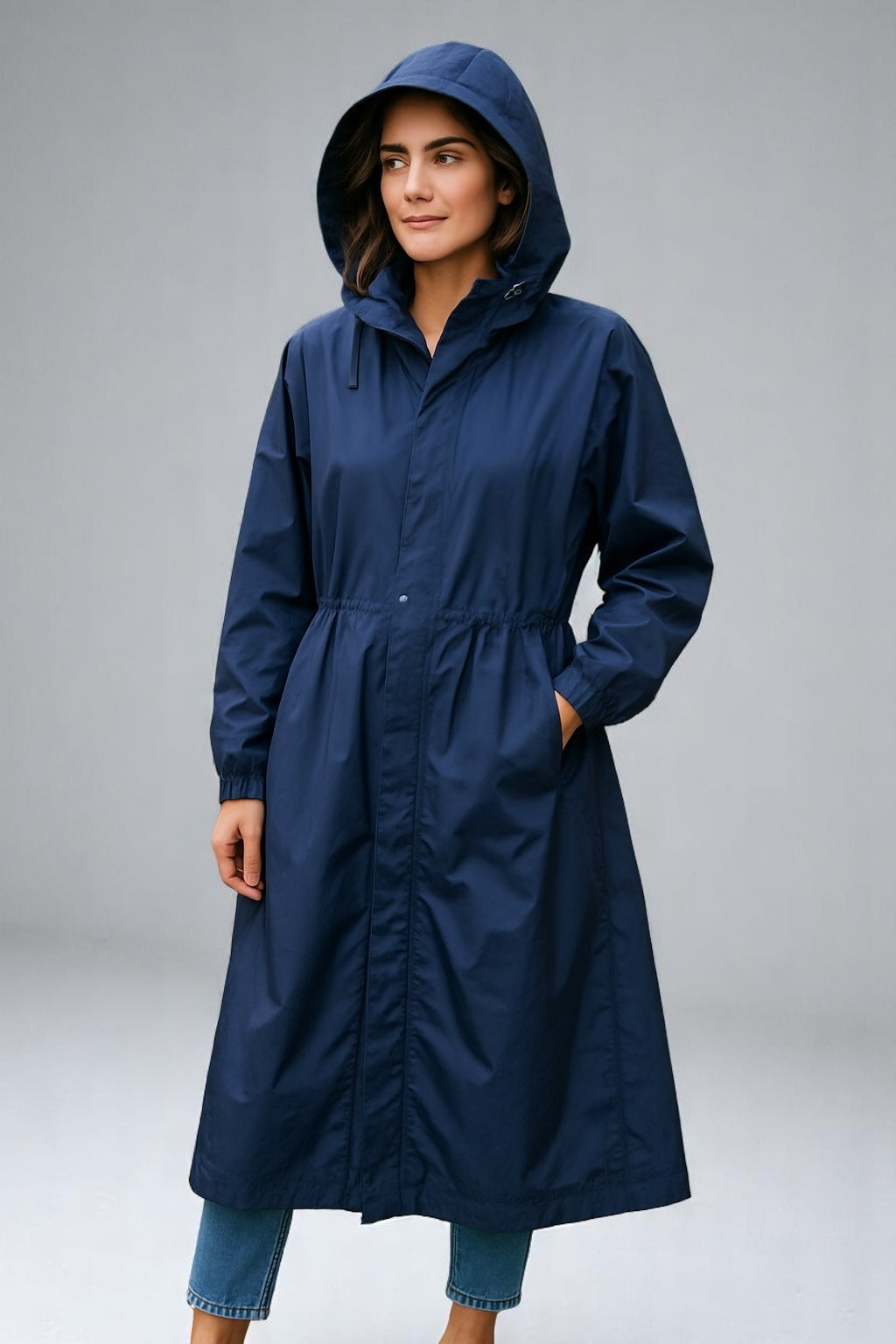 Long Rain coat with hood and pockets