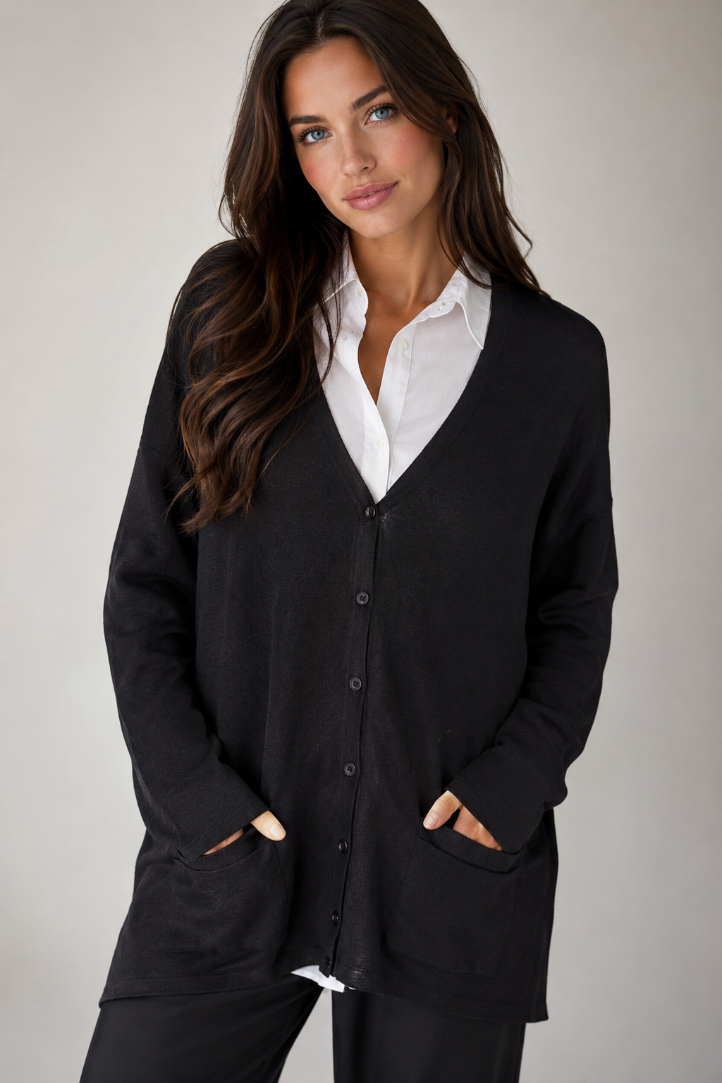 LADIES LONG SLEEVE V-NECK CARDIGAN WITH POCKETS