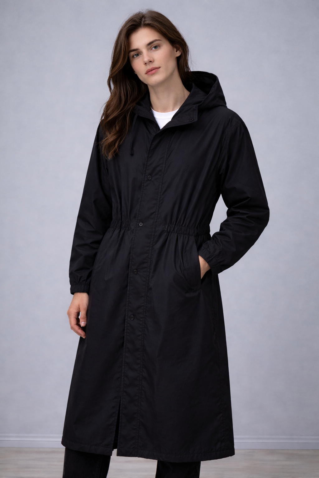 Long Rain coat with hood and pockets