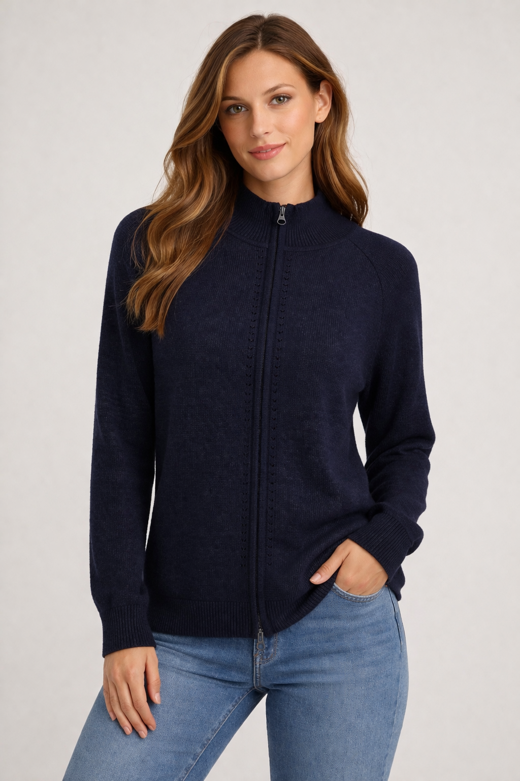 MTF LADIES LONG SLEEVE WITH 2 WAY ZIP POINTELLE CARDIGAN