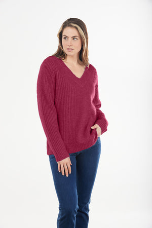 MOHAIR RIBBED VEE NECK PULLOVER only pink S available
