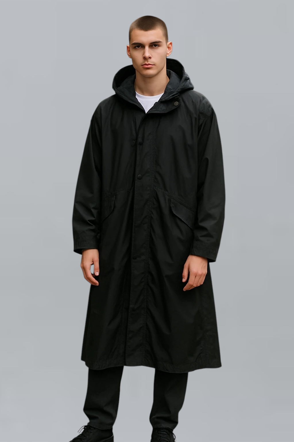Long Rain Coat With Hood & Pockets