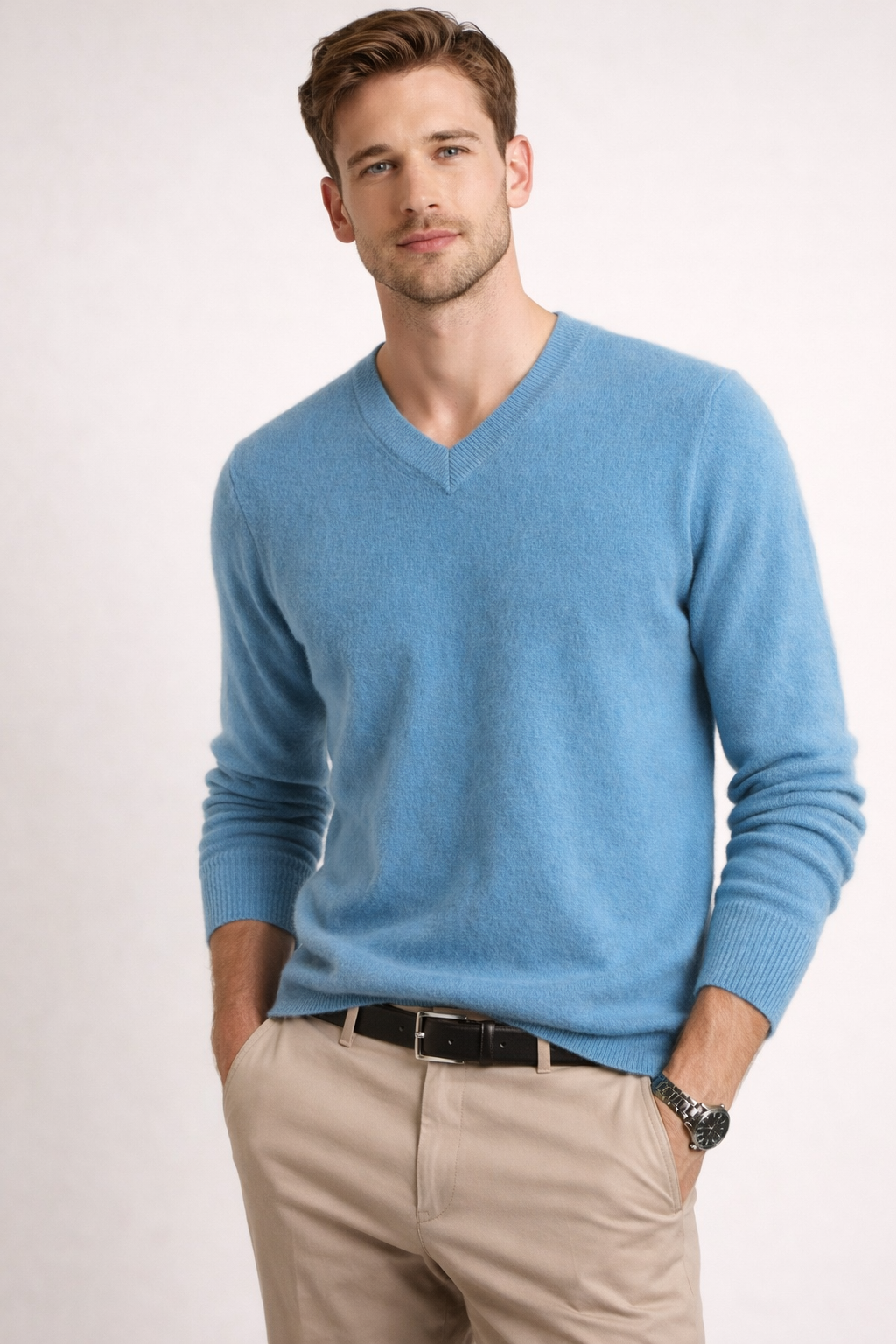 Men 100% Cashmere Vee Neck Pullover