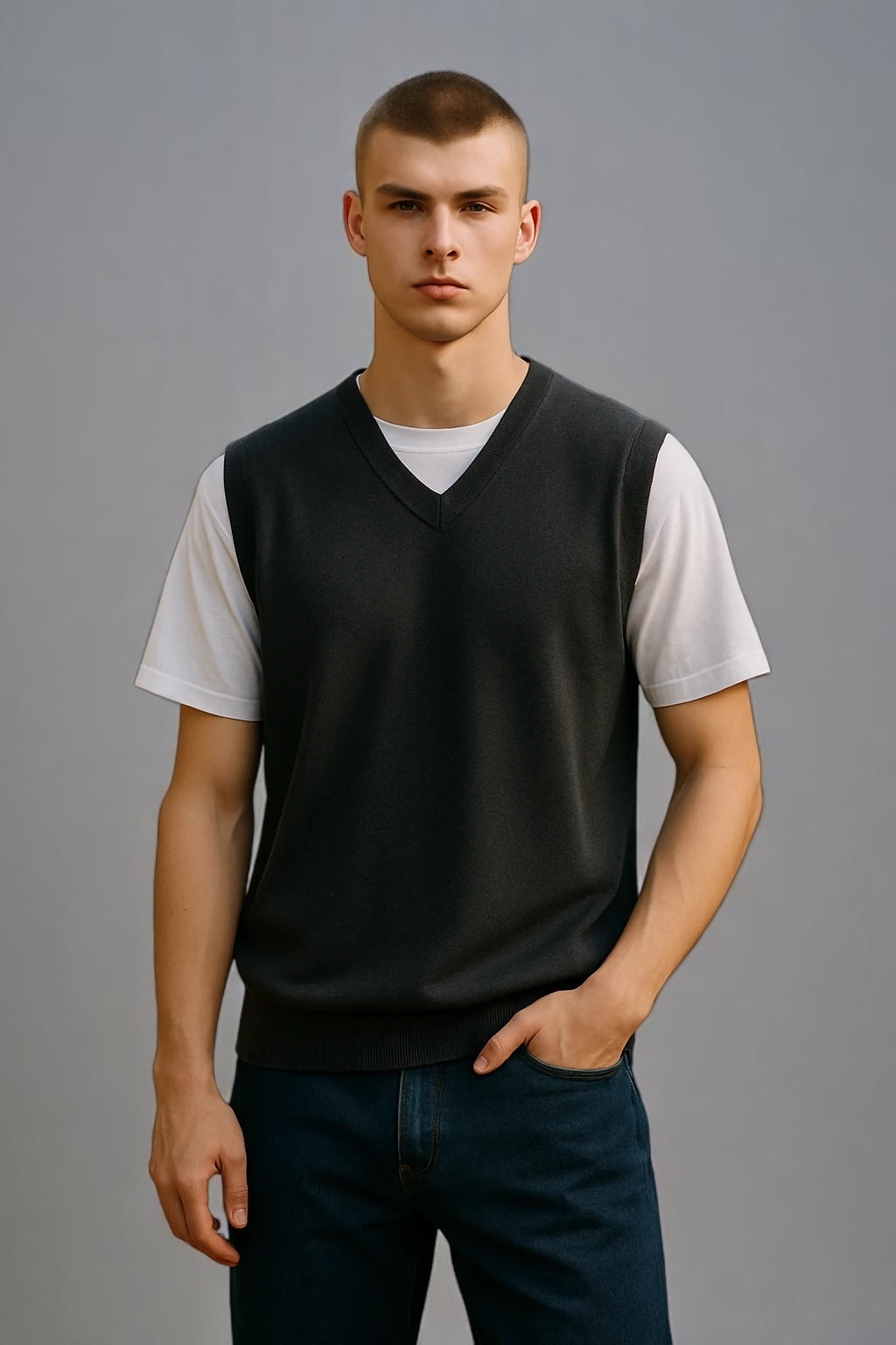 Pure Merino Wool Sleeveless Vest – Rib Basque Design