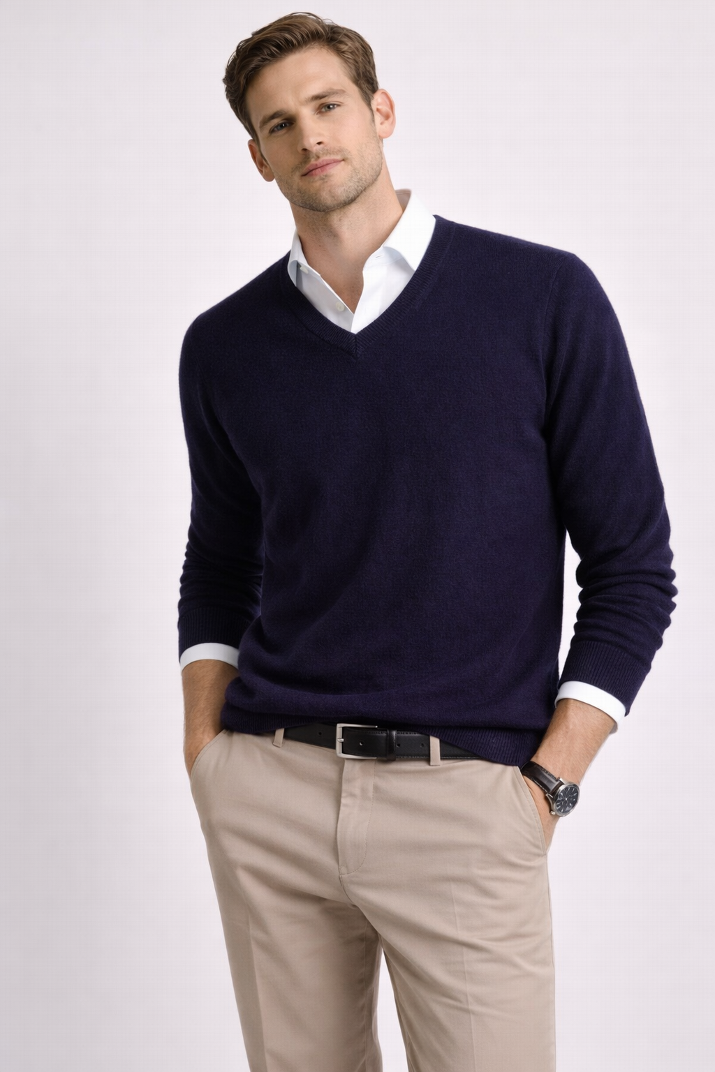 Men 100% Cashmere Vee Neck Pullover