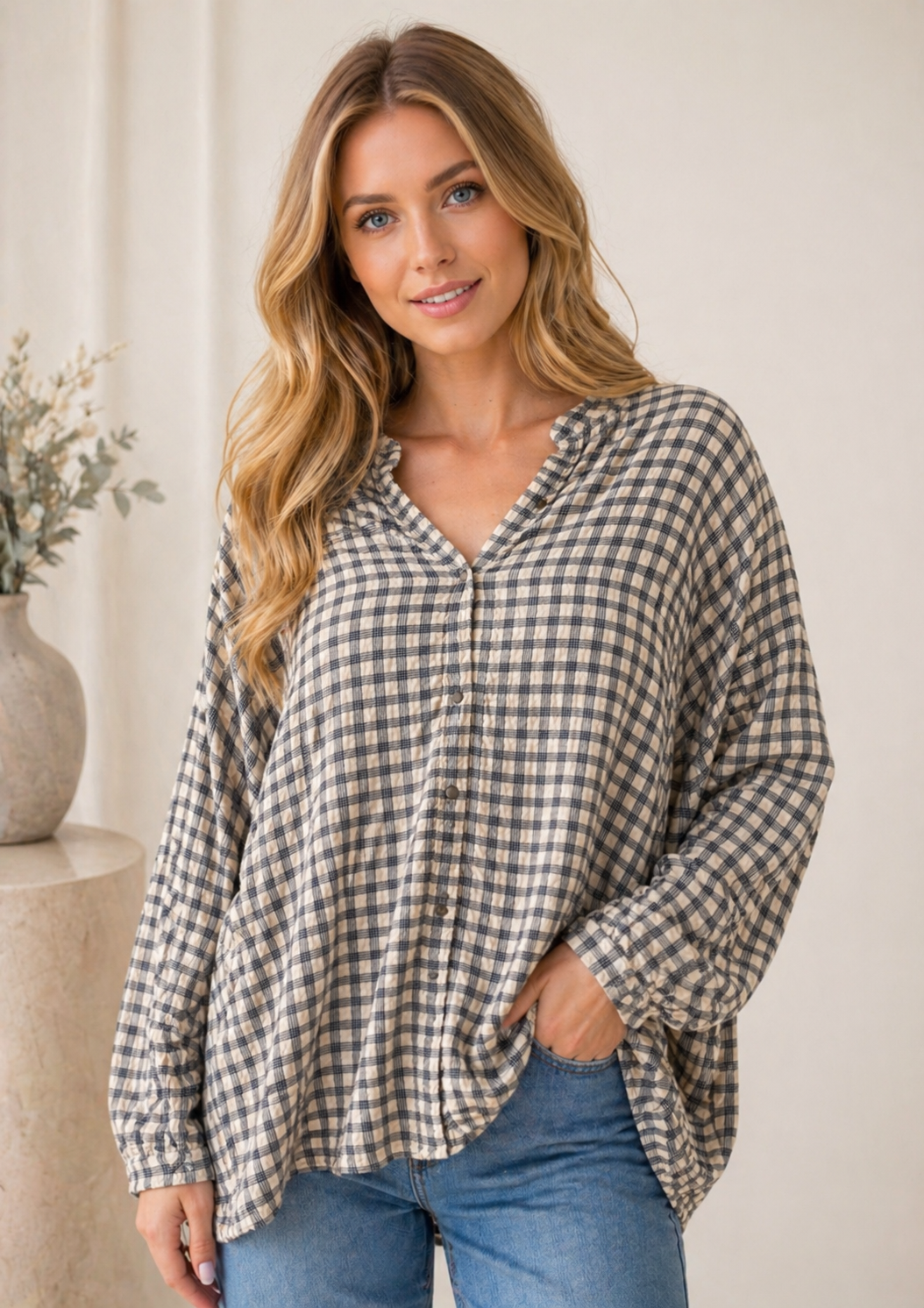 BELLA DAHL SHIRRED MANDARIN COLLAR SHIRT